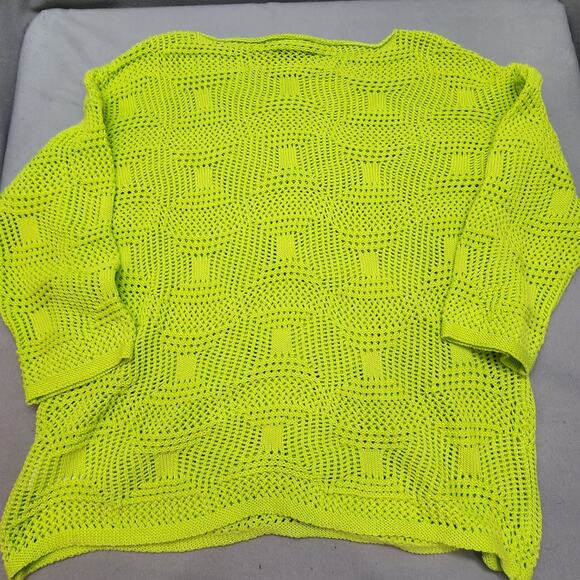 Alison Shari Open Knit Sweater Pull Over Lime Green 3/4 Sleeve Sz L - Picture 2 of 5